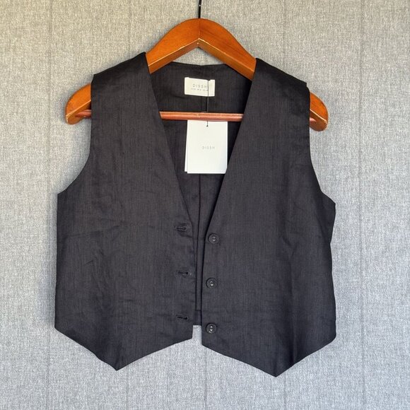 Dissh Banks Black 100% Linen Fully Lined Covered Button Minimalist Vest Size 8 - Picture 5 of 15